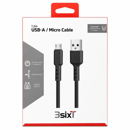 [9318018149316] 3SIXT Tough USB-A to Micro USB Cable | Black | 1.2m