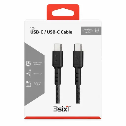 [9318018149309] 3SIXT Tough USB-C to USB-C Cable | Black | 1.2m