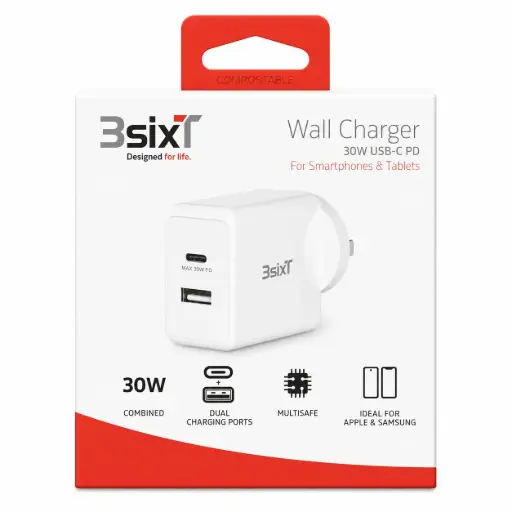 [9318018150473] 3SIXT Wall Charger USB-C PD | White | 30 W 2.4A