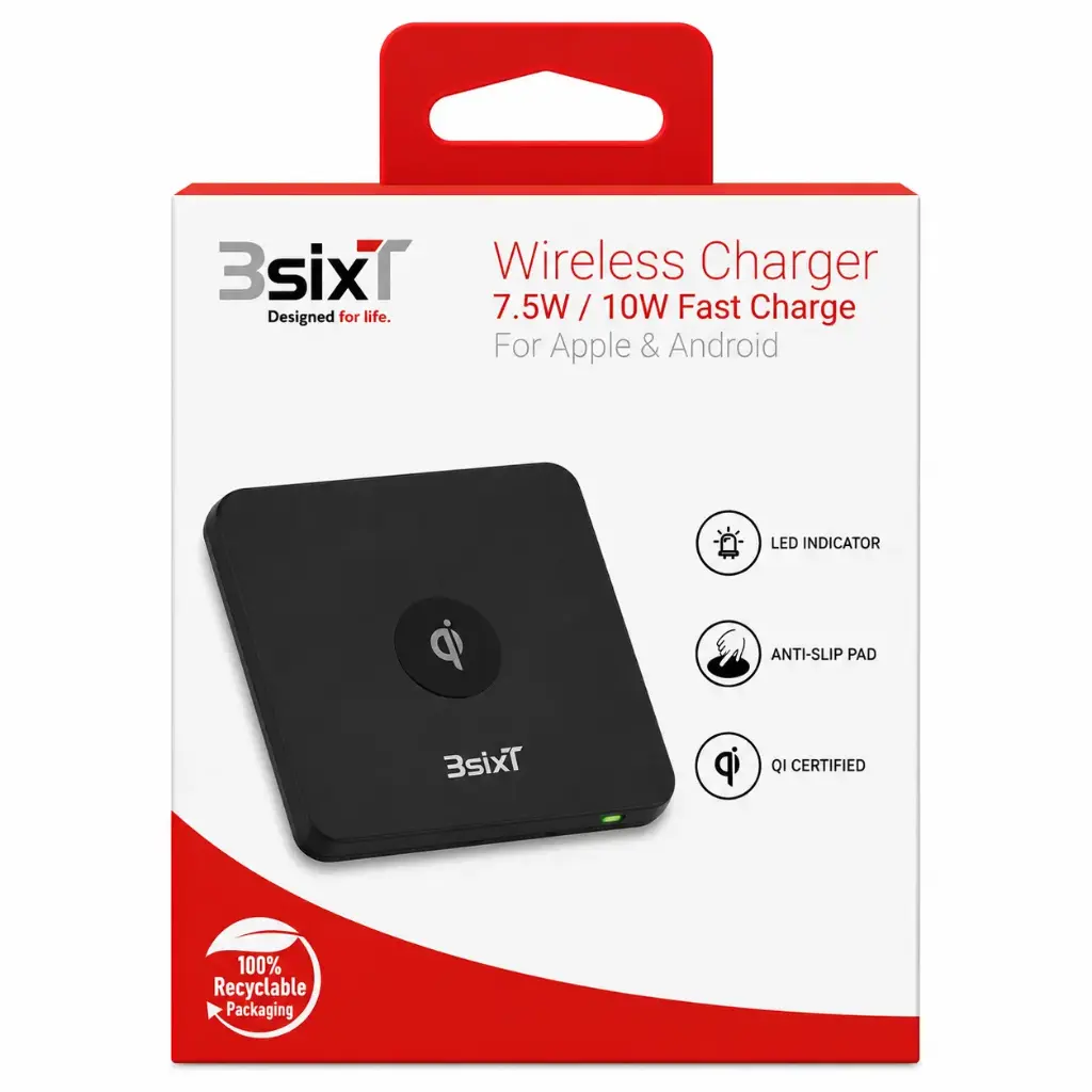 3SIXT Wireless Charger for Apple & Android | Black | 7.5W / 10W Fast Charge