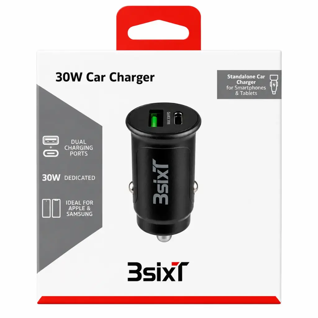 3SIXT Car Charger USB-C + USB-A | Black | 30W