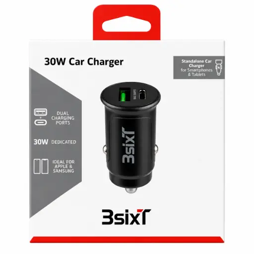 [9318018151616] 3SIXT Car Charger USB-C + USB-A | Black | 30W