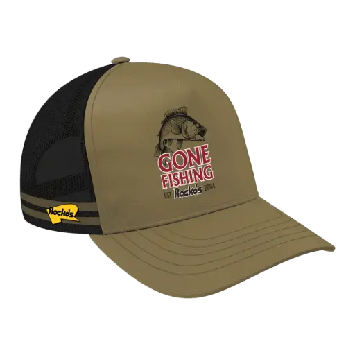 [9340457033109] Rocko's 5 Panel Outback Trucker Cap Khaki Gone Fishing Beer OSFM