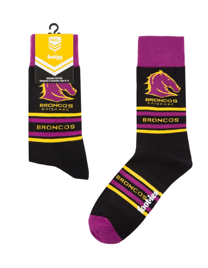 Foot-ies NRL Brisbane Broncos Organic Cotton Socks Stripes Black/Maroon/Yellow Size 8 to 13
