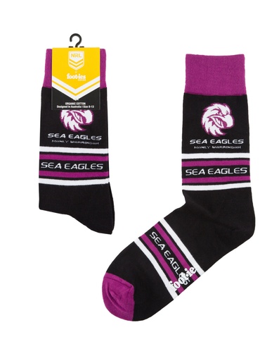 [9358517032184] Foot-ies NRL Manly Sea Eagles Organic Cotton Socks Stripes Black/Maroon/White Size 8 to 13