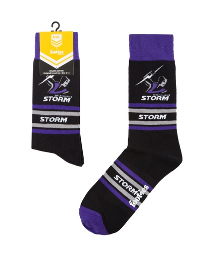 [9358517032177] Foot-ies NRL Melbourne Storm Organic Cotton Socks Stripes Black/Purple/Grey Size 8 to 13