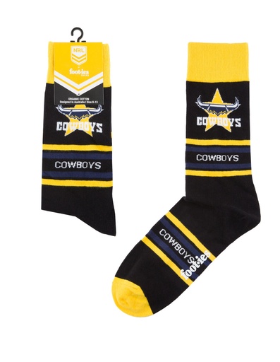 [9358517032214] Foot-ies NRL North Queensland Cowboys Organic Cotton Socks Stripes Black/Yellow/Navy Size 8 to 13