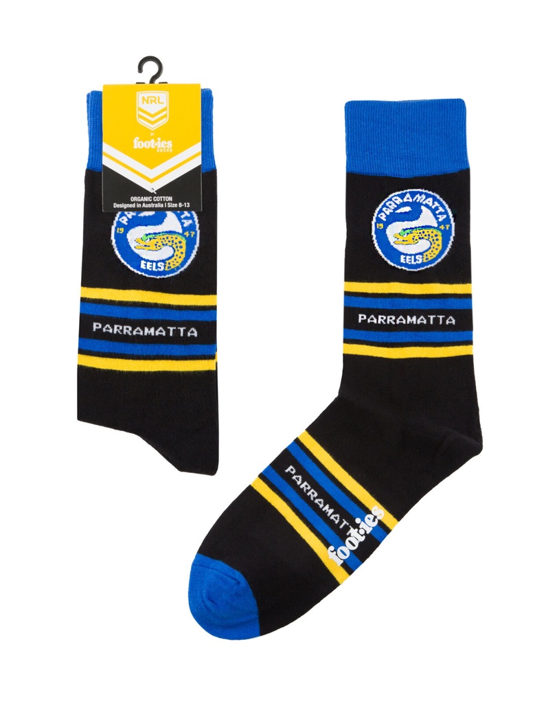 Foot-ies NRL Parramatta Eels Organic Cotton Socks Stripes Black/Blue/Yellow Size 8 to 13