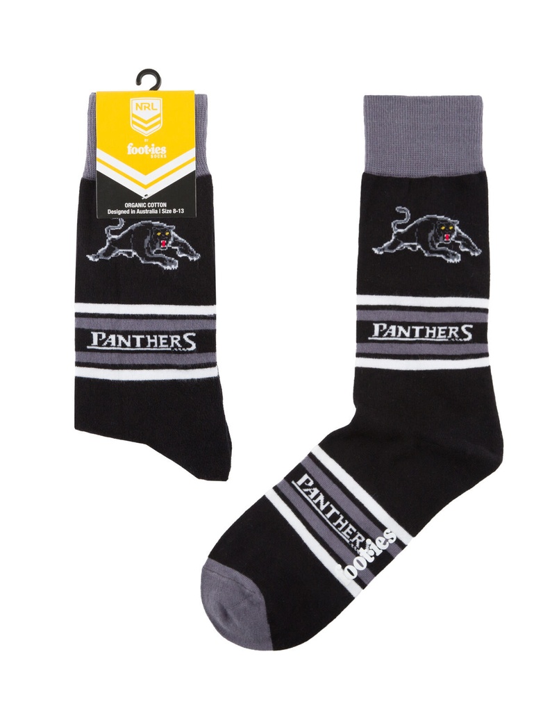 Foot-ies NRL Penrith Panthers Organic Cotton Socks Stripes Black/Grey/White Size 8 to 13