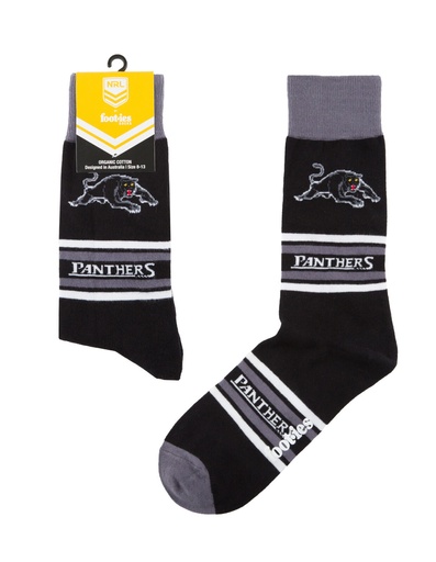 [9358517032238] Foot-ies NRL Penrith Panthers Organic Cotton Socks Stripes Black/Grey/White Size 8 to 13
