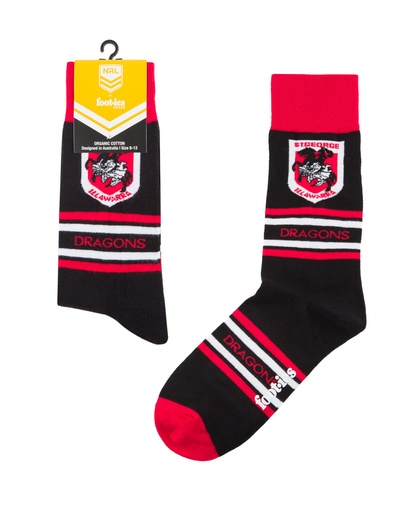 [9358517032269] Foot-ies NRL St George Illawarra Organic Cotton Socks Stripes Black/Red/White Size 8 to 13