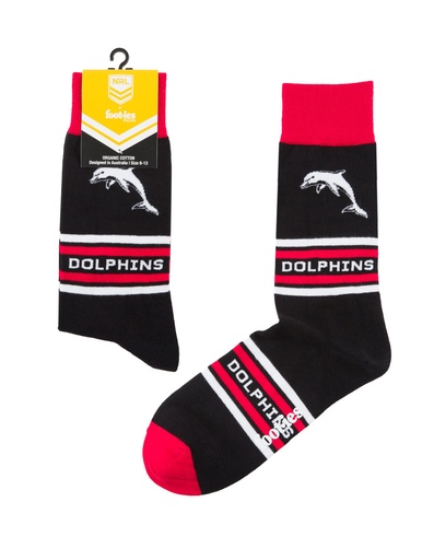 [9358517032245] Foot-ies NRL The Dolphins Organic Cotton Socks Stripes Black/Red/White Size 8 to 13