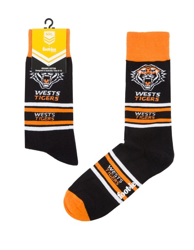 [9358517032283] Foot-ies NRL Wests Tigers Organic Cotton Socks Stripes Black/White/Orange Size 8 to 13