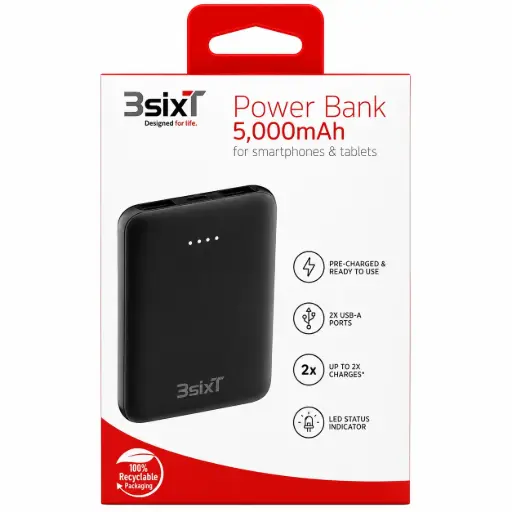 [9318018148081] 3SIXT Power Bank | Black | 5000 mAh