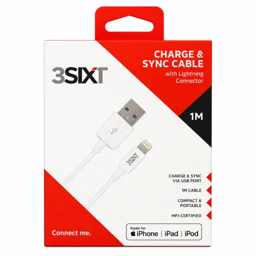 [9318018107552] 3SIXT Charge & Sync Cable with Lightning Connector | White | 1m