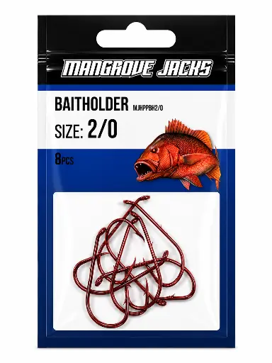 [9337217022121] Mangrove Jacks Baitholder Hook Red | Size 2/0 | 8 Pack