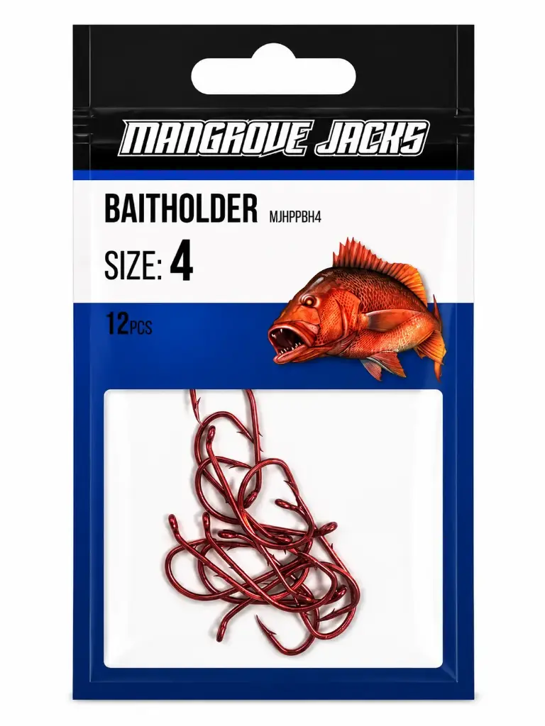 Mangrove Jacks Baitholder Hook Red | Size 4 | 12 Pack