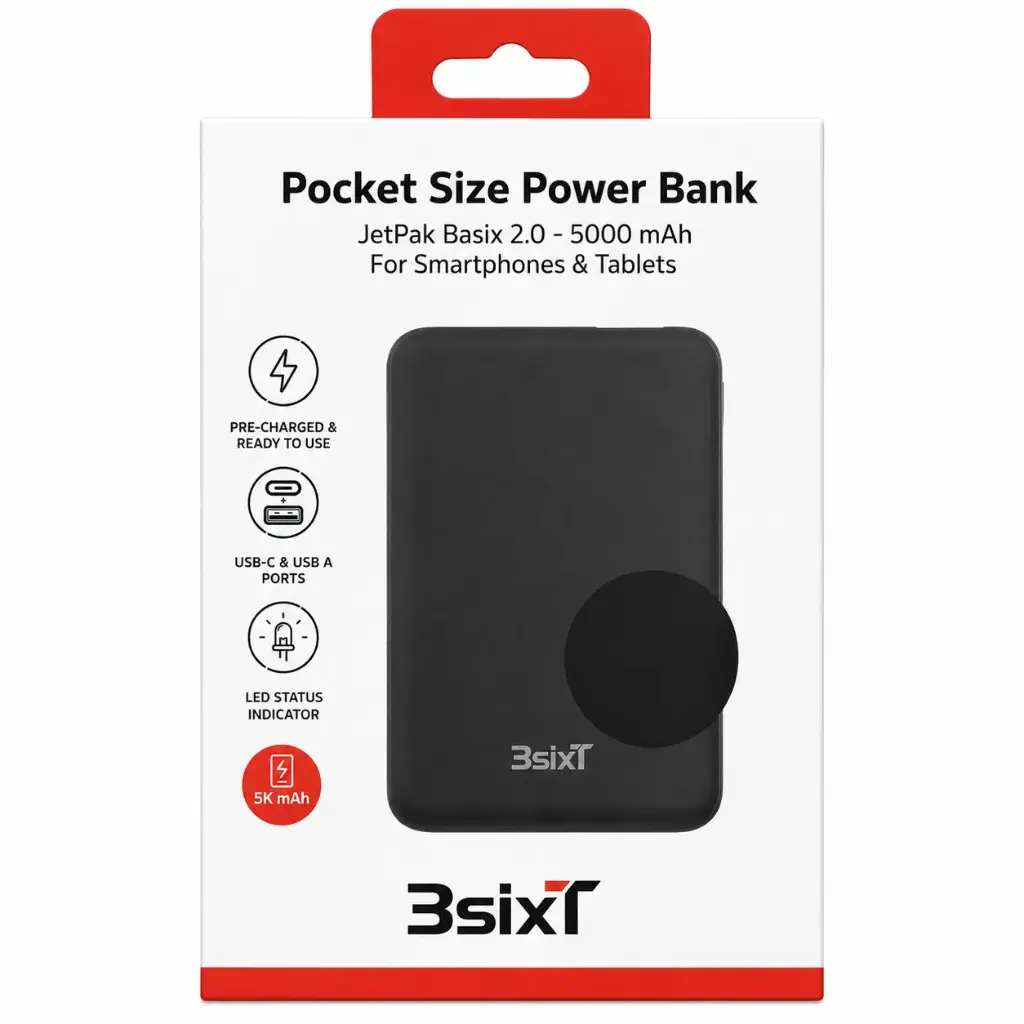 3SIXT JetPak Basix 2.0 Power Bank | Black | 5000 mAh
