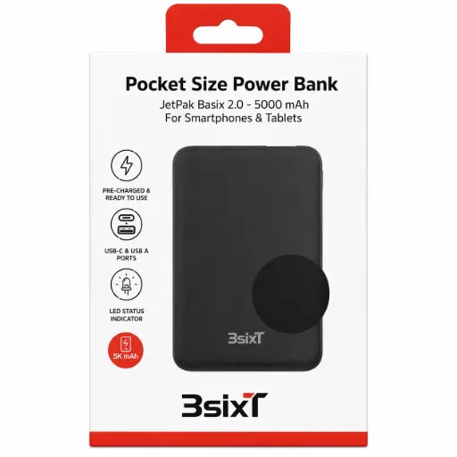 [9318018154679] 3SIXT JetPak Basix 2.0 Power Bank | Black | 5000 mAh