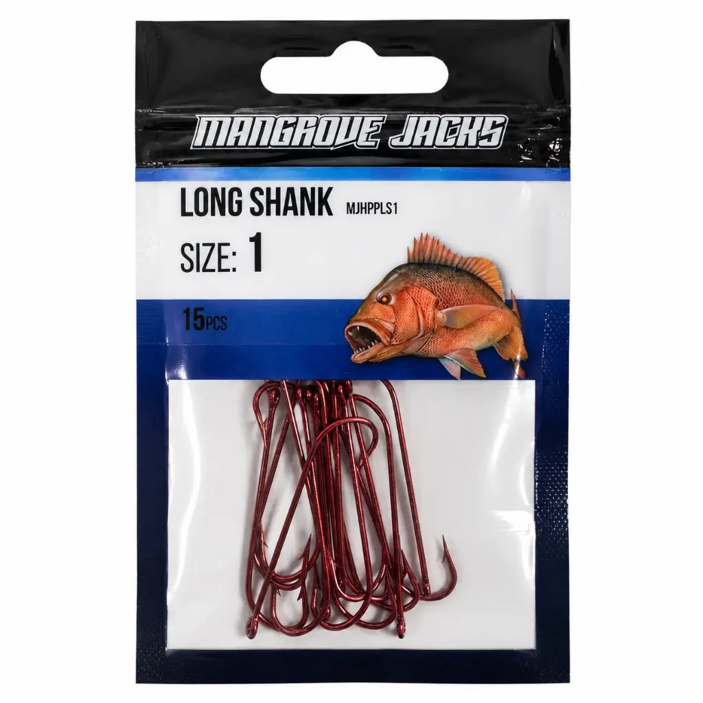 Mangrove Jacks Long Shank Hook Red | Size 1 | 15 Pack