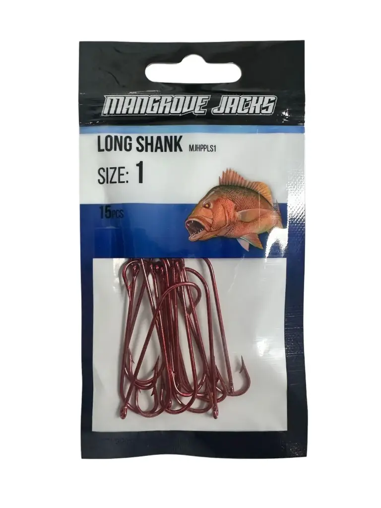 Mangrove Jacks Long Shank Hook Red | Size 1 | 15 Pack