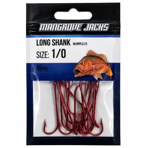 [9337217022022] Mangrove Jacks Long Shank Hook Red | Size 1/0 | 15 Pack