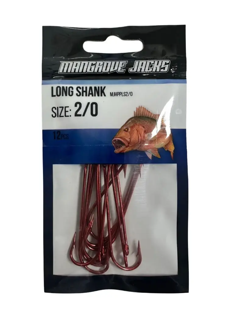 Mangrove Jacks Long Shank Hook Red | Size 2/0 | 12 Pack