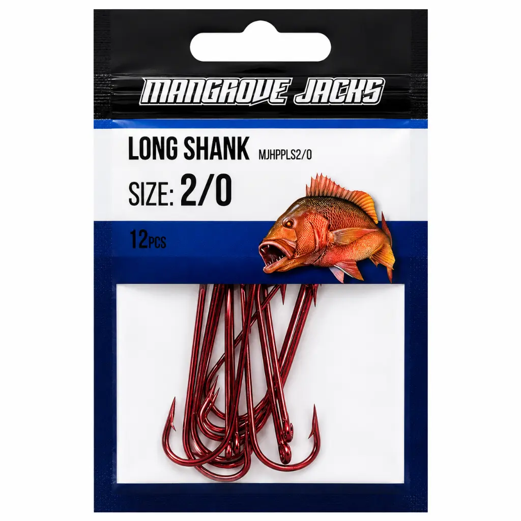 Mangrove Jacks Long Shank Hook Red | Size 2/0 | 12 Pack