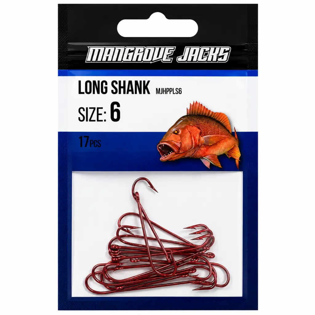 Mangrove Jacks Long Shank Hook Red | Size 6 | 17 Pack