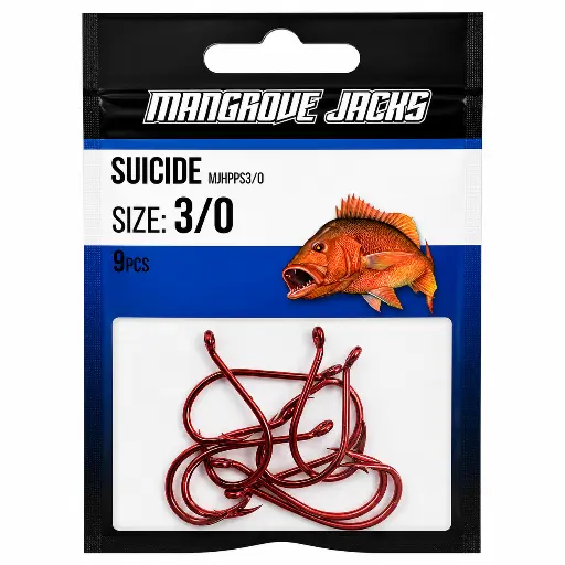[9337217022176] Mangrove Jacks Suicide Hook Red | Size 3/0 | 9 Pack