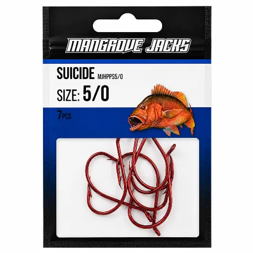 [9337217022190] Mangrove Jacks Suicide Hook Red | Size 5/0 | 7 Pack