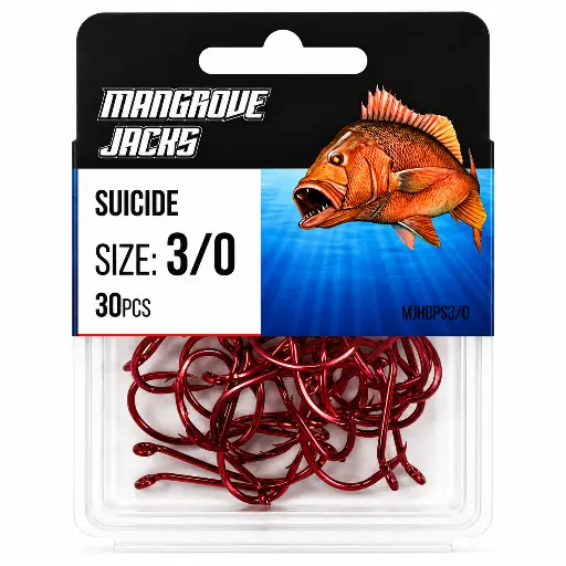 [9340457027368] Mangrove Jacks Suicide Hook Red | Size 3/0 | 30 Pack