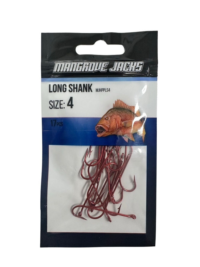 Mangrove Jacks Long Shank Hook Red | Size 4 | 17 Pack