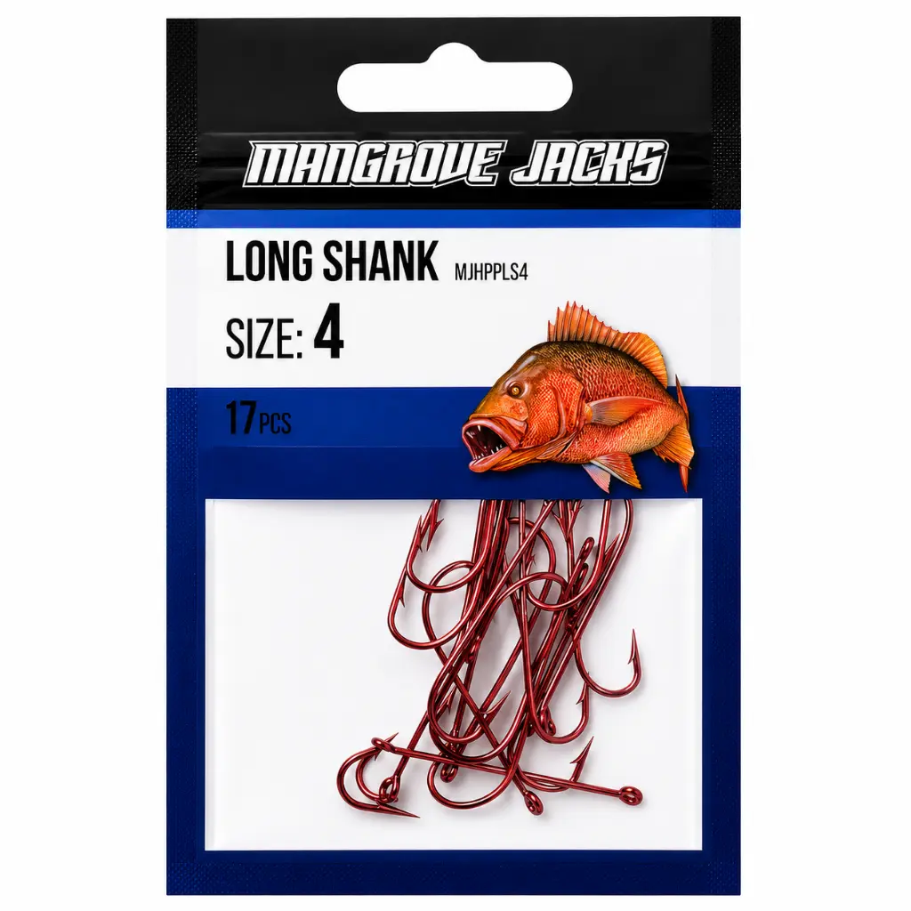 Mangrove Jacks Long Shank Hook Red | Size 4 | 17 Pack