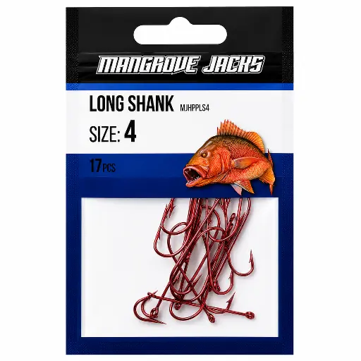 [9340457027306] Mangrove Jacks Long Shank Hook Red | Size 4 | 17 Pack