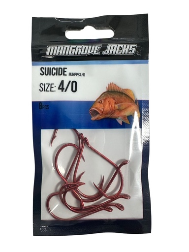 [9340457027290] Mangrove Jacks Suicide Hook Red | Size 4/0 | 8 Pack
